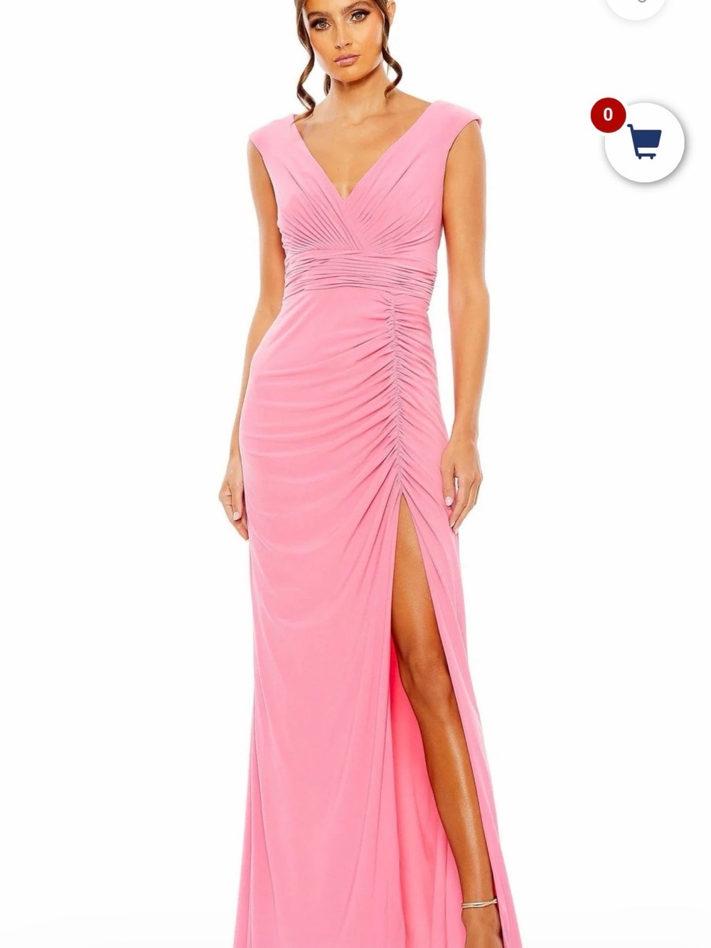 Mac Duggal Pink Ruched V-Neck Maxi Gown with High Slit